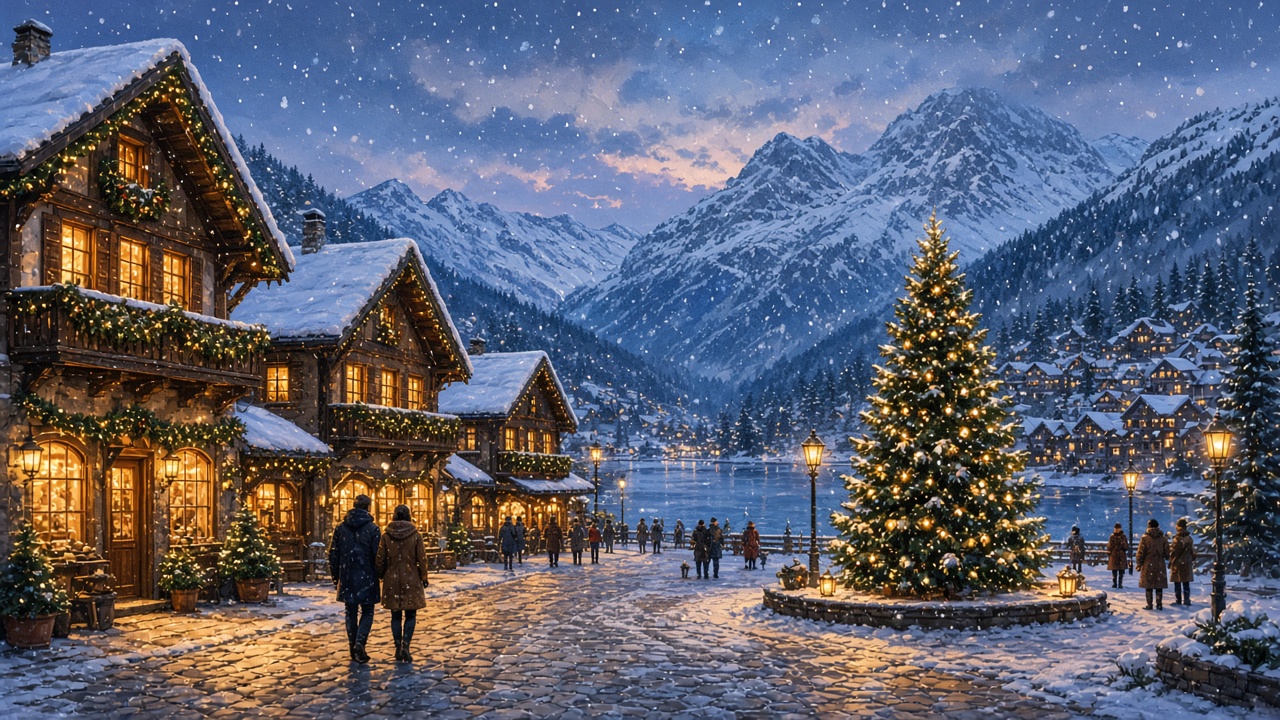 AI-generated illustration of a snowy mountain village with a lit Christmas tree by a lake at dusk, decorated storefronts, and snow-capped mountains