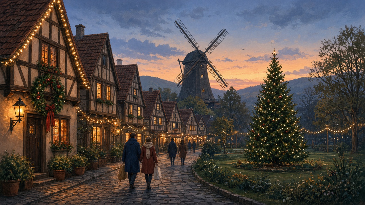AI-generated illustration of a Danish-style village street with half-timbered buildings, a windmill, and a lit Christmas tree at dusk